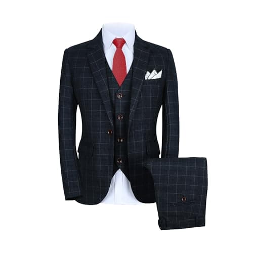 Mogue Men's 3-Piece Slim Fit Plaid Suit for Wedding, Prom, and Business