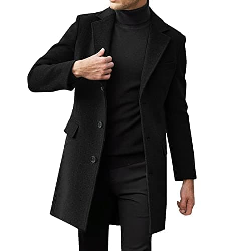 PETCDIM Men's Notched Collar Trench Coat Winter Warm Regular Fit Pea Jacket
