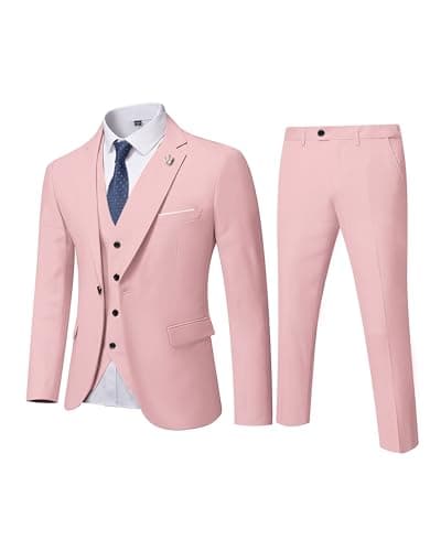 MY'S Men's 3-Piece Solid Suit Set: One-Button Slim Fit Jacket,Vest,Pants+Tie