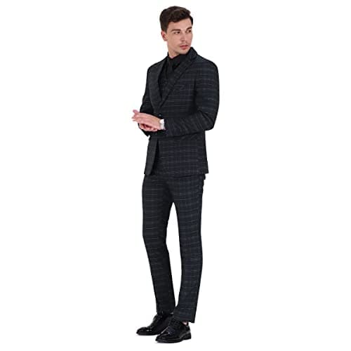 Cloudstyle Mens Slim Fit Blue/Black Checked Single Breasted Vintage Suit