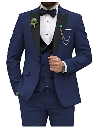 HUUTOE Men's Slim Fit Double Breasted Suit 3-Piece Wedding Prom Business Blazer Vest Pants Tie