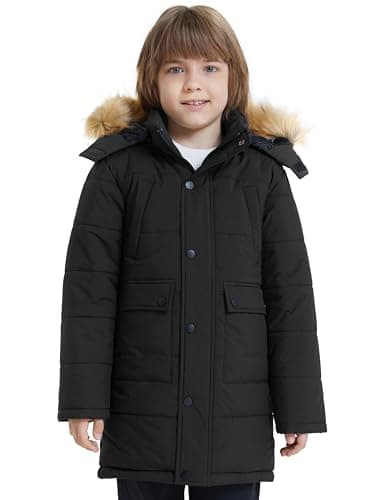 Winter Warm Boys' Coat - Long Puffer Jacket with Removable Faux Fur Hood