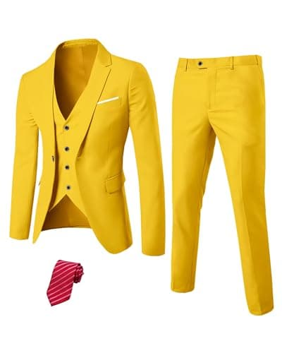 YND Men's Slim Fit 3 Piece Suit Set with One Button Blazer Vest Pants & Tie