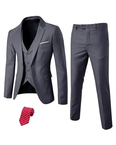 YND Men's Slim Fit 3 Piece Suit Set with One Button Blazer Vest Pants & Tie