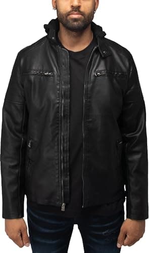 X RAY Men's Hooded PU Leather Jacket, Black, Large