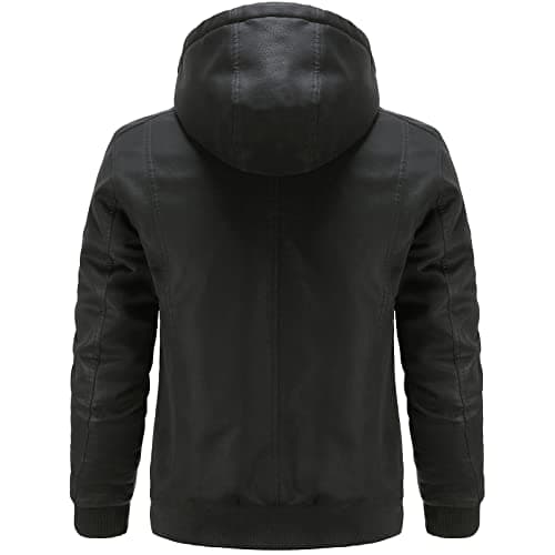 UNTMENU Men's Stand Collar Zip-Up Leather Motorcycle Jacket With Hood