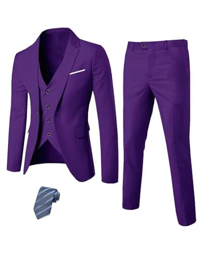 YND Men's Slim Fit 3 Piece Suit Set with One Button Blazer Vest Pants & Tie