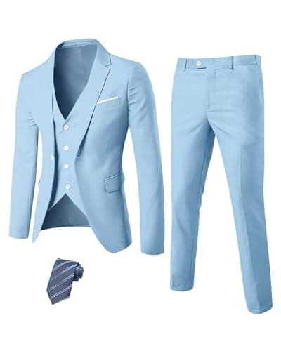 YND Men's Slim Fit 3 Piece Suit Set with One Button Blazer Vest Pants & Tie