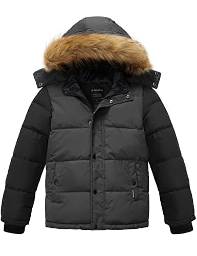 Boys' Winter Waterproof Faux Fur Hood Puffer Jacket