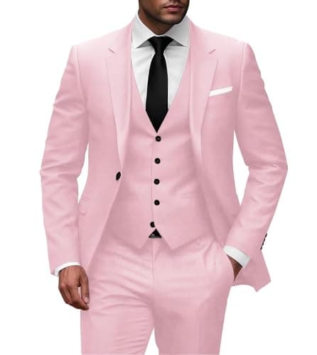 Wangyue Men Slim Fit 3-Piece Solid Wedding Suit Single Breasted Blazer Vest Pants Set