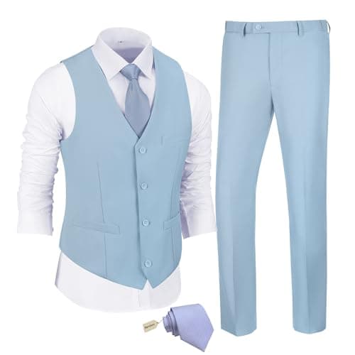 JPF Men's Slim Fit Suit Set - Solid Vest & Pants with Tie