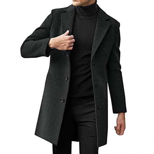 PETCDIM Men's Notched Collar Trench Coat Winter Warm Regular Fit Pea Jacket