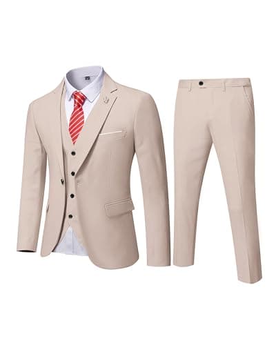 MY'S Men's 3-Piece Solid Suit Set: One-Button Slim Fit Jacket,Vest,Pants+Tie