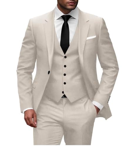 Wangyue Men Slim Fit 3-Piece Solid Wedding Suit Single Breasted Blazer Vest Pants Set