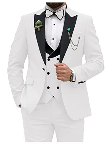 HUUTOE Men's Slim Fit Double Breasted Suit 3-Piece Wedding Prom Business Blazer Vest Pants Tie