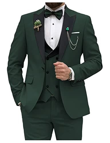 HUUTOE Men's Slim Fit Double Breasted Suit 3-Piece Wedding Prom Business Blazer Vest Pants Tie