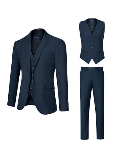 DEETRUST Men's Slim Fit 3 Piece Suit Set with Blazer and Multi-Functional Pockets