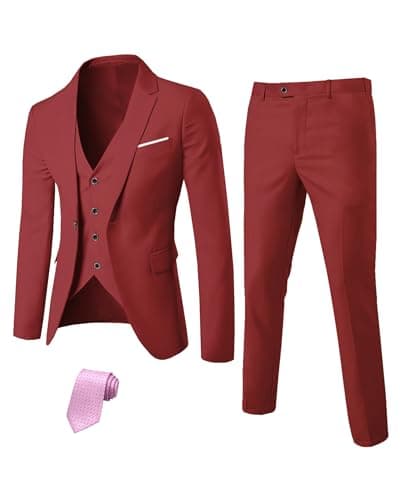 YND Men's Slim Fit 3 Piece Suit Set with One Button Blazer Vest Pants & Tie
