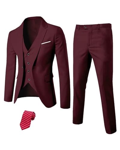 YND Men's Slim Fit 3 Piece Suit Set with One Button Blazer Vest Pants & Tie