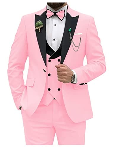 HUUTOE Men's Slim Fit Double Breasted Suit 3-Piece Wedding Prom Business Blazer Vest Pants Tie