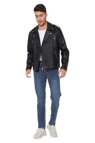 Men's Black Faux Leather Bomber Jacket - Lightweight Slim Fit Motorcycle Coat