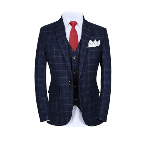 Mogue Men's 3-Piece Slim Fit Plaid Suit for Wedding, Prom, and Business