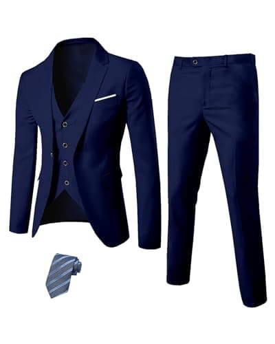 YND Men's Slim Fit 3 Piece Suit Set with One Button Blazer Vest Pants & Tie