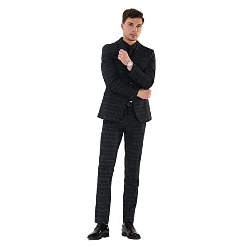 Cloudstyle Mens Slim Fit Blue/Black Checked Single Breasted Vintage Suit