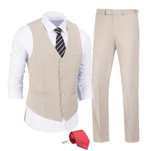 JPF Men's Slim Fit Suit Set - Solid Vest & Pants with Tie