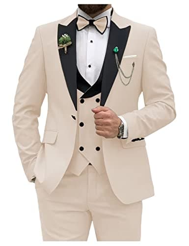 HUUTOE Men's Slim Fit Double Breasted Suit 3-Piece Wedding Prom Business Blazer Vest Pants Tie
