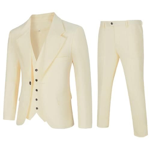 HIGAKI Men's Slim Fit 3-Piece Tuxedo Set, One Button Jacket Pants