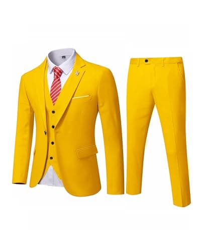 MY'S Men's 3-Piece Solid Suit Set: One-Button Slim Fit Jacket,Vest,Pants+Tie