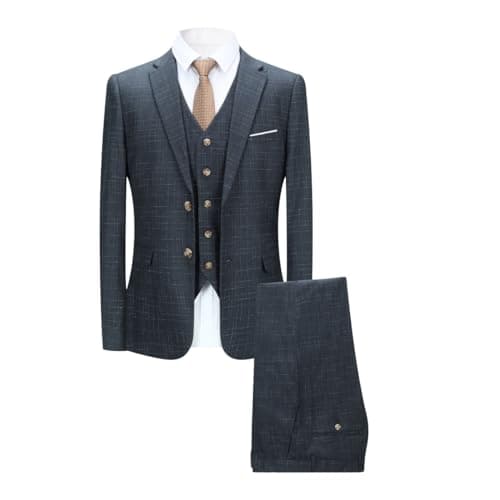 Cloudstyle Men's Slim Fit Checked Blue/Black Single Breasted Vintage Suit