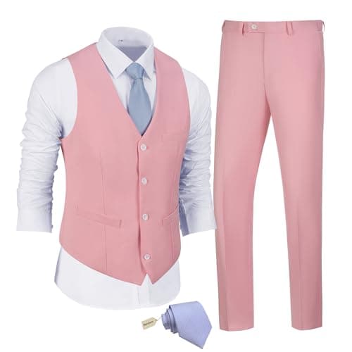 JPF Men's Slim Fit Suit Set - Solid Vest & Pants with Tie