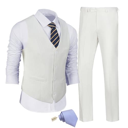 JPF Men's Slim Fit Suit Set - Solid Vest & Pants with Tie