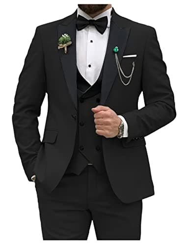 HUUTOE Men's Slim Fit Double Breasted Suit 3-Piece Wedding Prom Business Blazer Vest Pants Tie