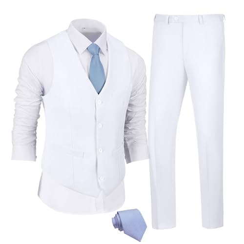 JPF Men's Slim Fit Suit Set - Solid Vest & Pants with Tie