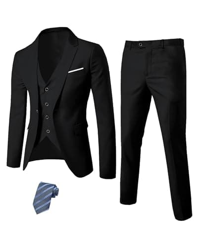 YND Men's Slim Fit 3 Piece Suit Set with One Button Blazer Vest Pants & Tie