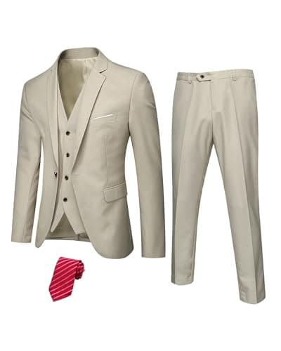 Hihawk Men's Slim Fit 3-Piece Stretch Suit with Blazer, Vest, Pants, and Tie