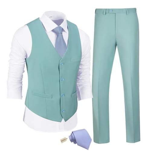 JPF Men's Slim Fit Suit Set - Solid Vest & Pants with Tie