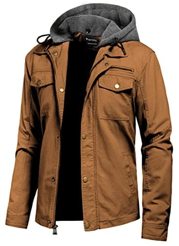 Pursky Men's Canvas Cotton Casual Field Jacket with Removable Hood