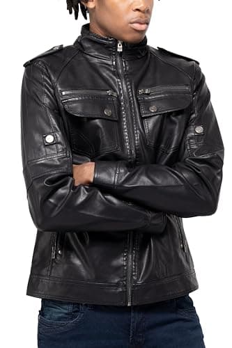X RAY Men's Hooded PU Leather Jacket, Black, Large