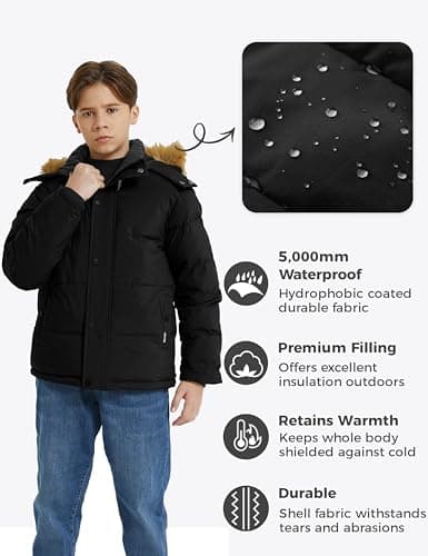 Boys' Winter Waterproof Faux Fur Hood Puffer Jacket