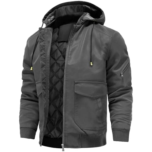UNTMENU Men's Stand Collar Zip-Up Leather Motorcycle Jacket With Hood