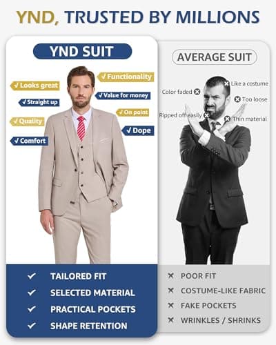 YND Men's Slim Fit 3 Piece Suit Set with One Button Blazer Vest Pants & Tie