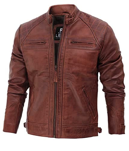 Fjackets Quilted Lambskin Leather Cafe Racer Jacket - Men's Zip Up Moto Jacket