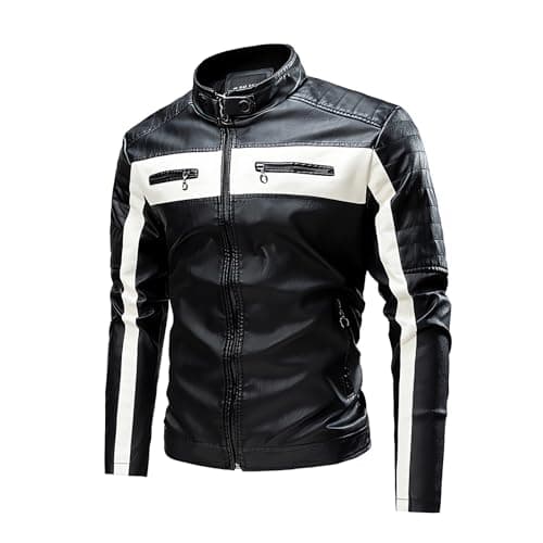 Mens Lightweight Color Block Faux Leather Racing Jacket Stand Collar