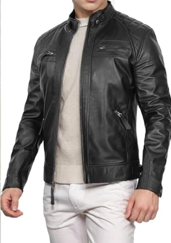 DECIMAL Men's Black Genuine Lambskin Leather Biker Jacket