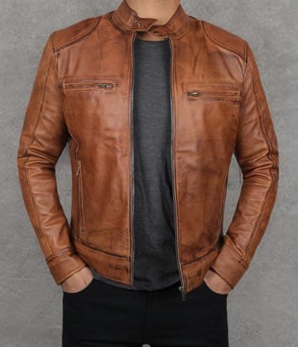 Decrum Men's Real Lambskin Cafe Racer Leather Jacket