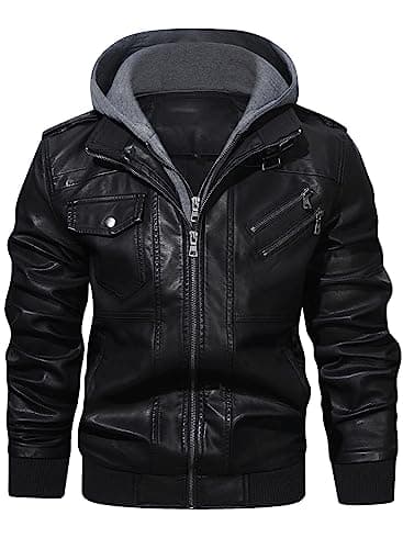 HOOD CREW Men's Casual PU Faux Leather Zip-Up Bomber Jacket with Removable Hood